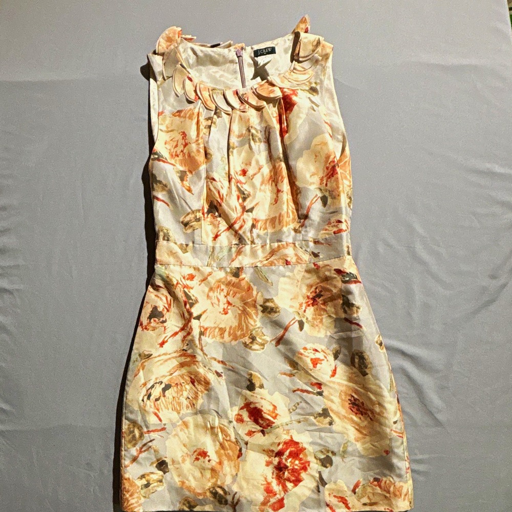 J.Crew Women 4 Silk Floral Ruffle Petal Neck Sleeveless Sheath Dress Tan Sage